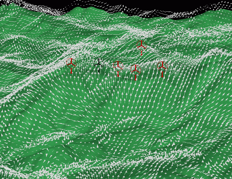 CFDによる風車位置検討アニメーション。Step2 Case1 アニメーション 1 by Tsubasa Windfarm Design (TWD)。